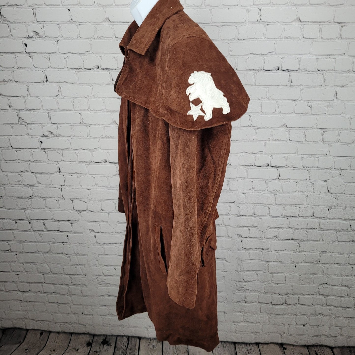 Real Leather A7 Brown Genuine Soft Suede Open Ranger Trench Coat Duster Large L