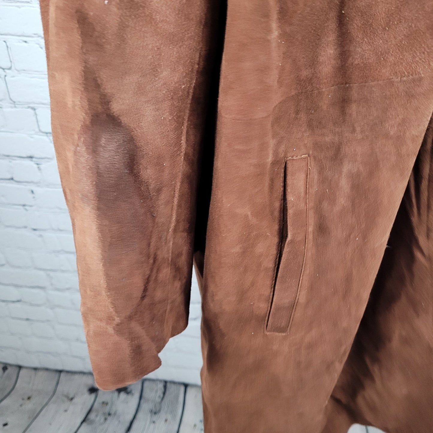 Real Leather A7 Brown Genuine Soft Suede Open Ranger Trench Coat Duster Large L