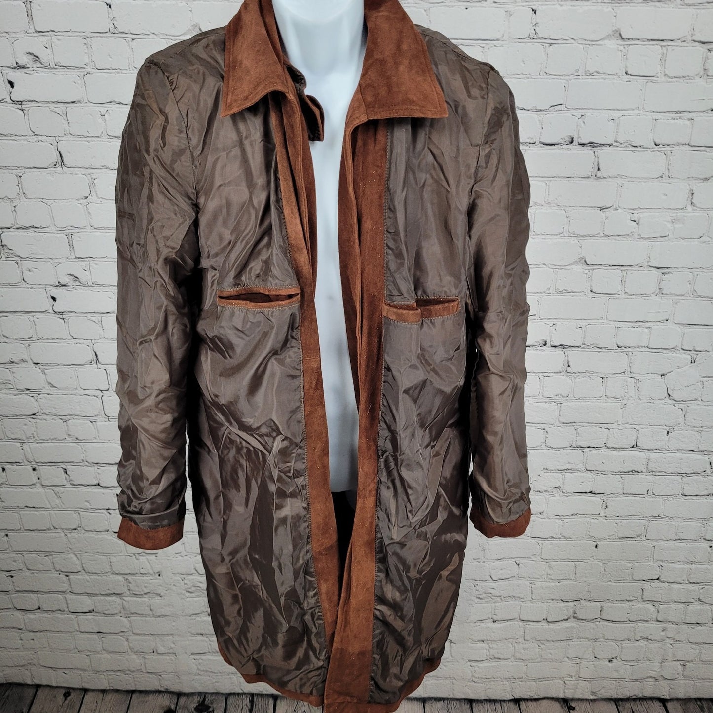Real Leather A7 Brown Genuine Soft Suede Open Ranger Trench Coat Duster Large L