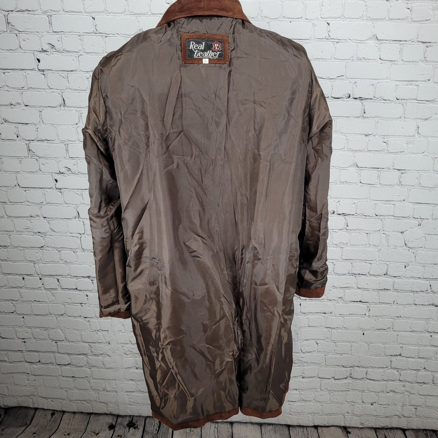 Real Leather A7 Brown Genuine Soft Suede Open Ranger Trench Coat Duster Large L