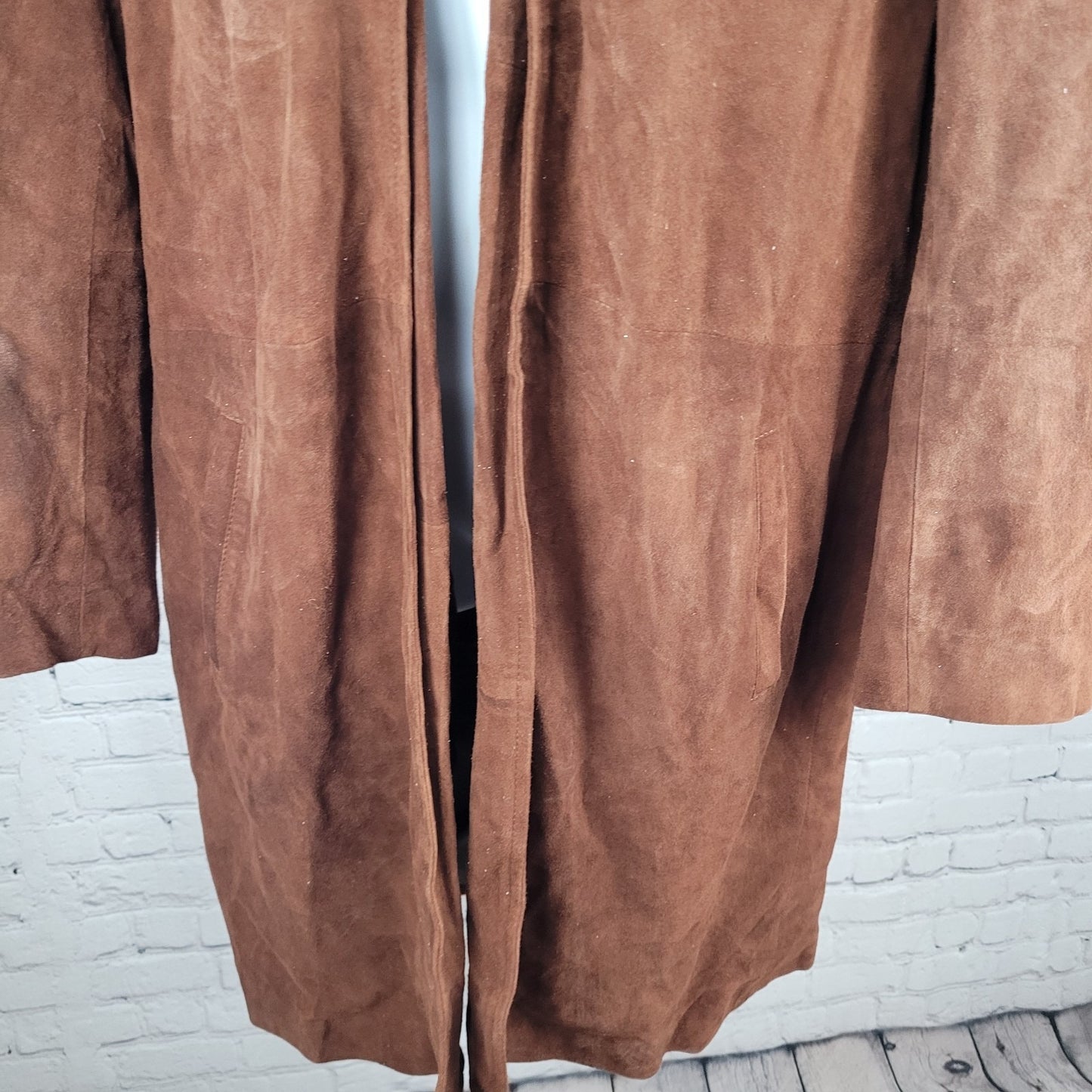 Real Leather A7 Brown Genuine Soft Suede Open Ranger Trench Coat Duster Large L