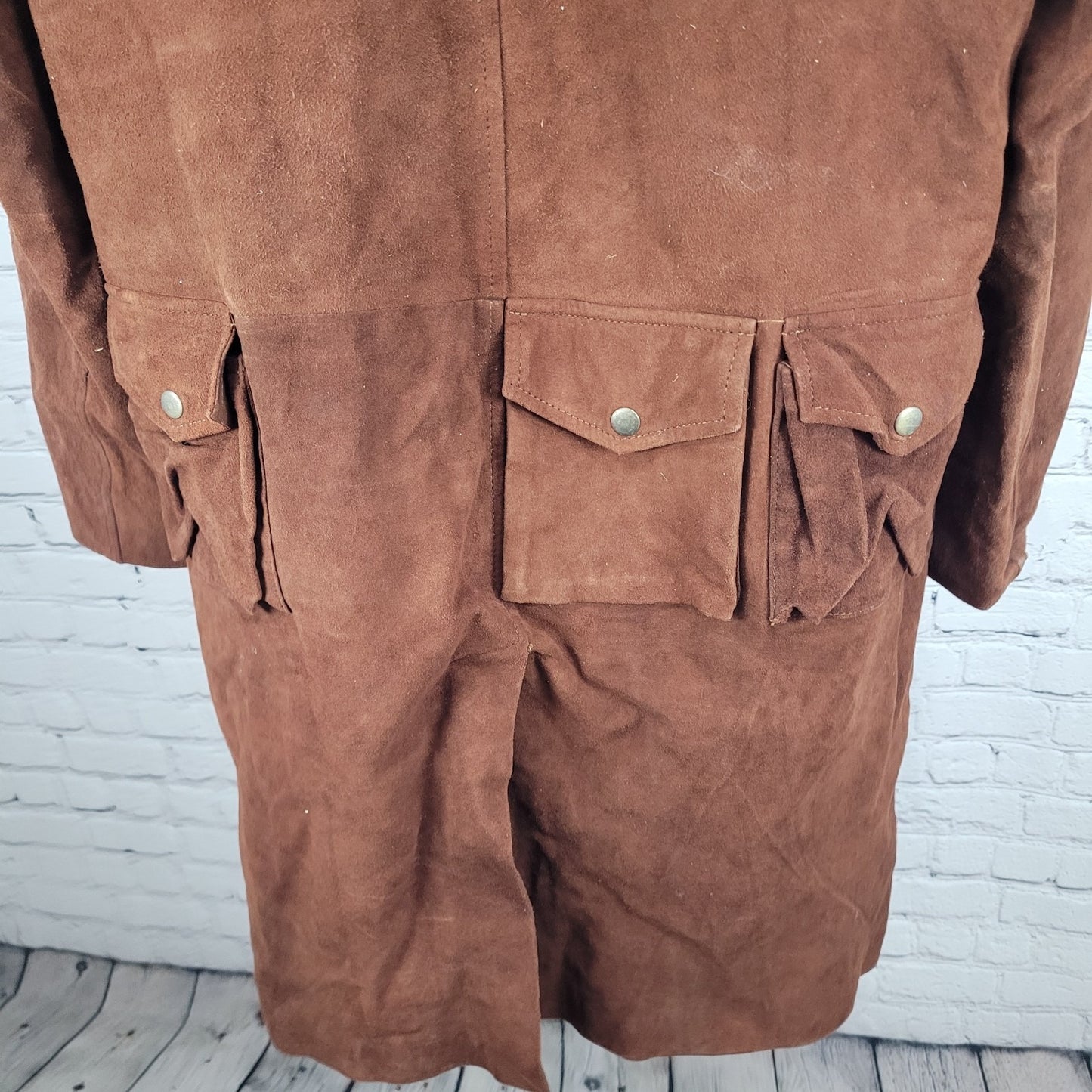 Real Leather A7 Brown Genuine Soft Suede Open Ranger Trench Coat Duster Large L