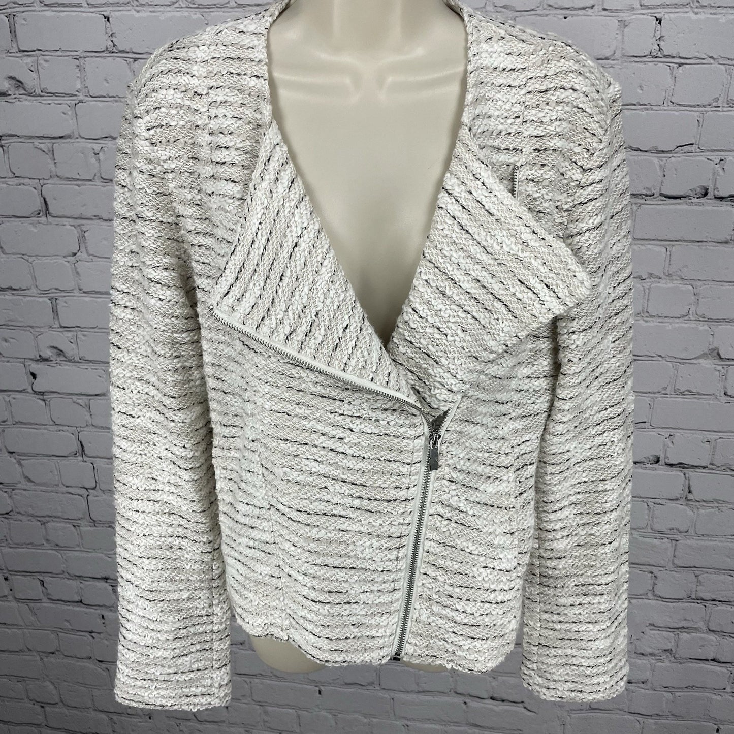 Bagatelle Ivory Knit Asymmetric Zipped Unlined Pockets Moto Jacket Size Large L