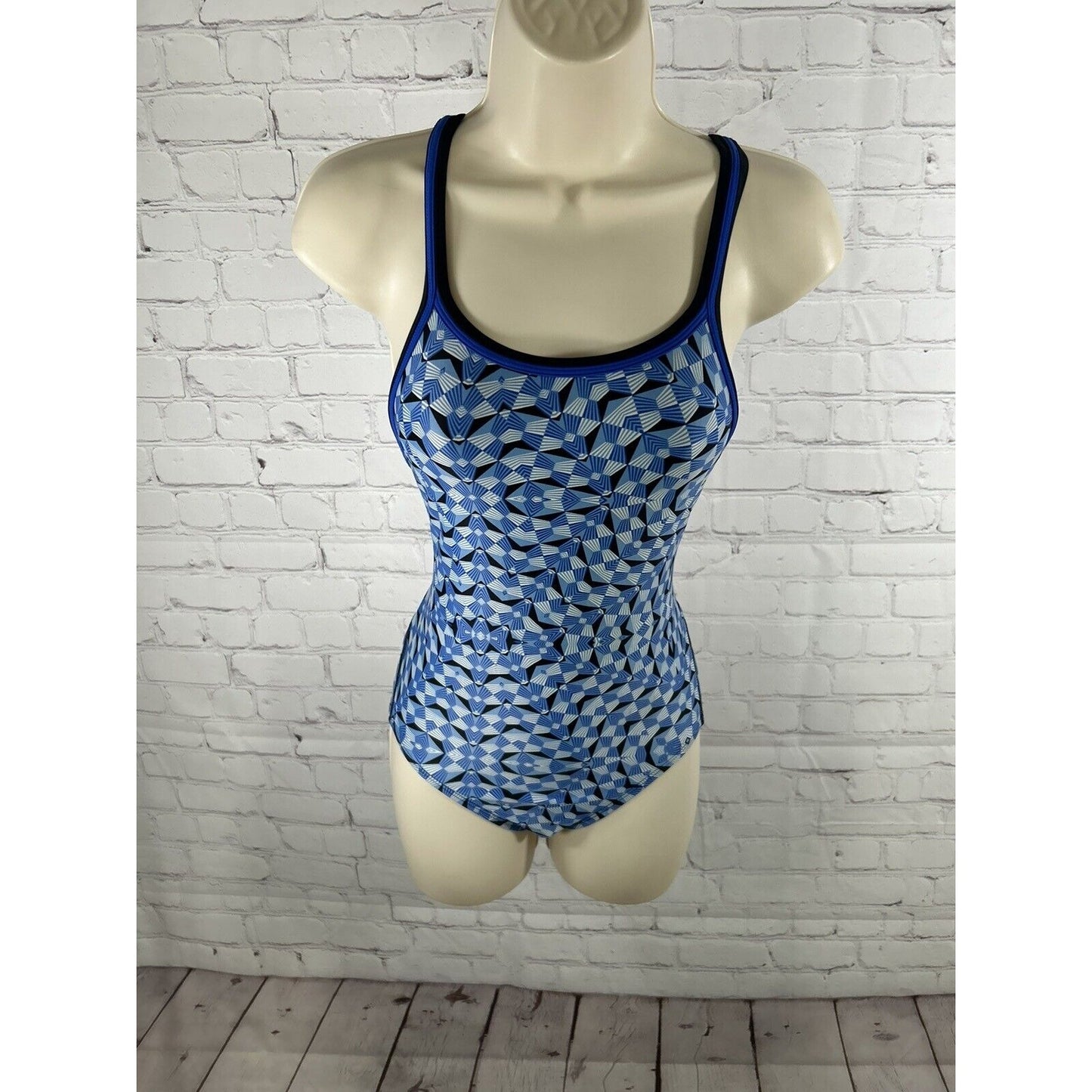 Dolfin Blue White Geometric Backless Racerback One Piece Competition Swimsuit 30