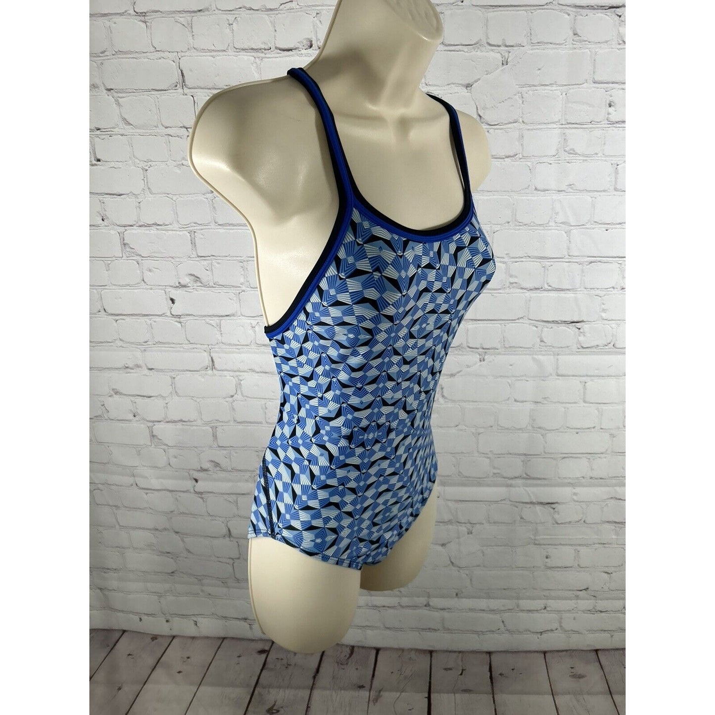 Dolfin Blue White Geometric Backless Racerback One Piece Competition Swimsuit 30