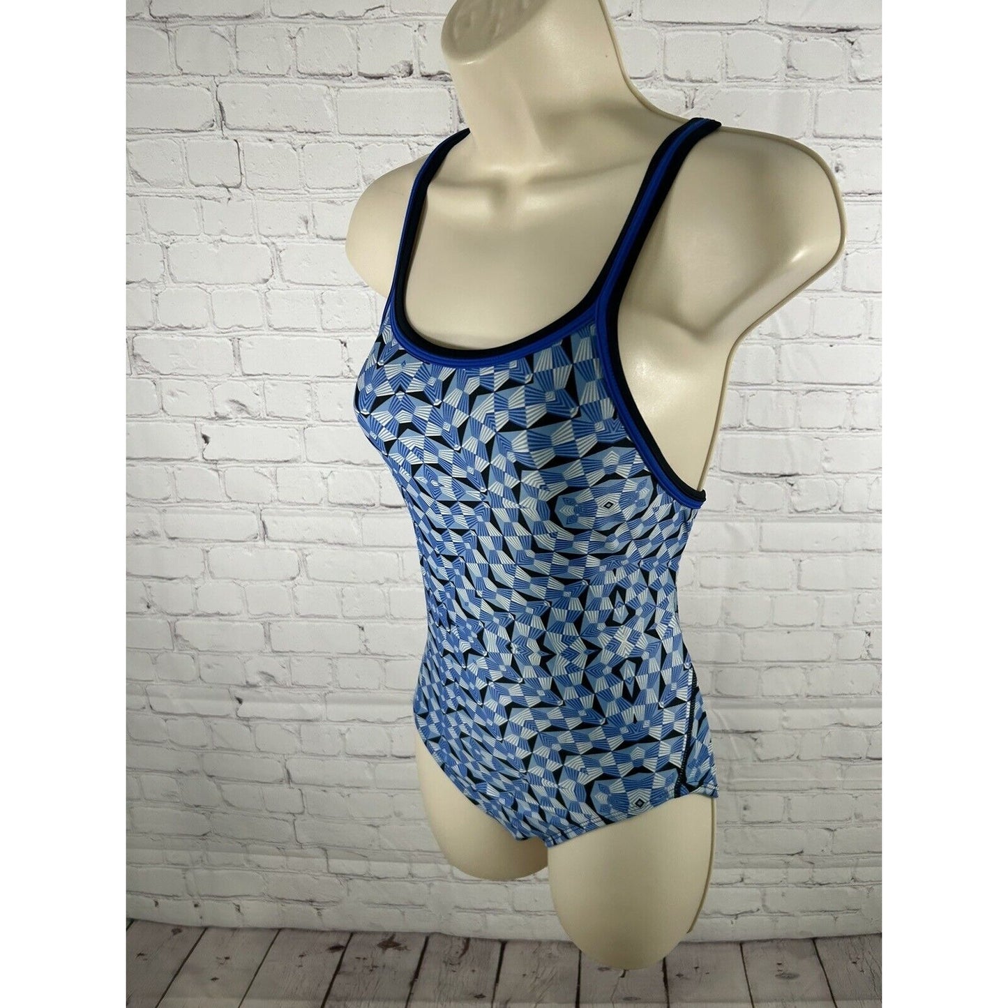 Dolfin Blue White Geometric Backless Racerback One Piece Competition Swimsuit 30