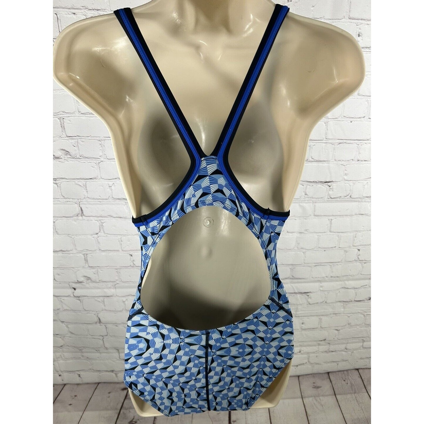 Dolfin Blue White Geometric Backless Racerback One Piece Competition Swimsuit 30