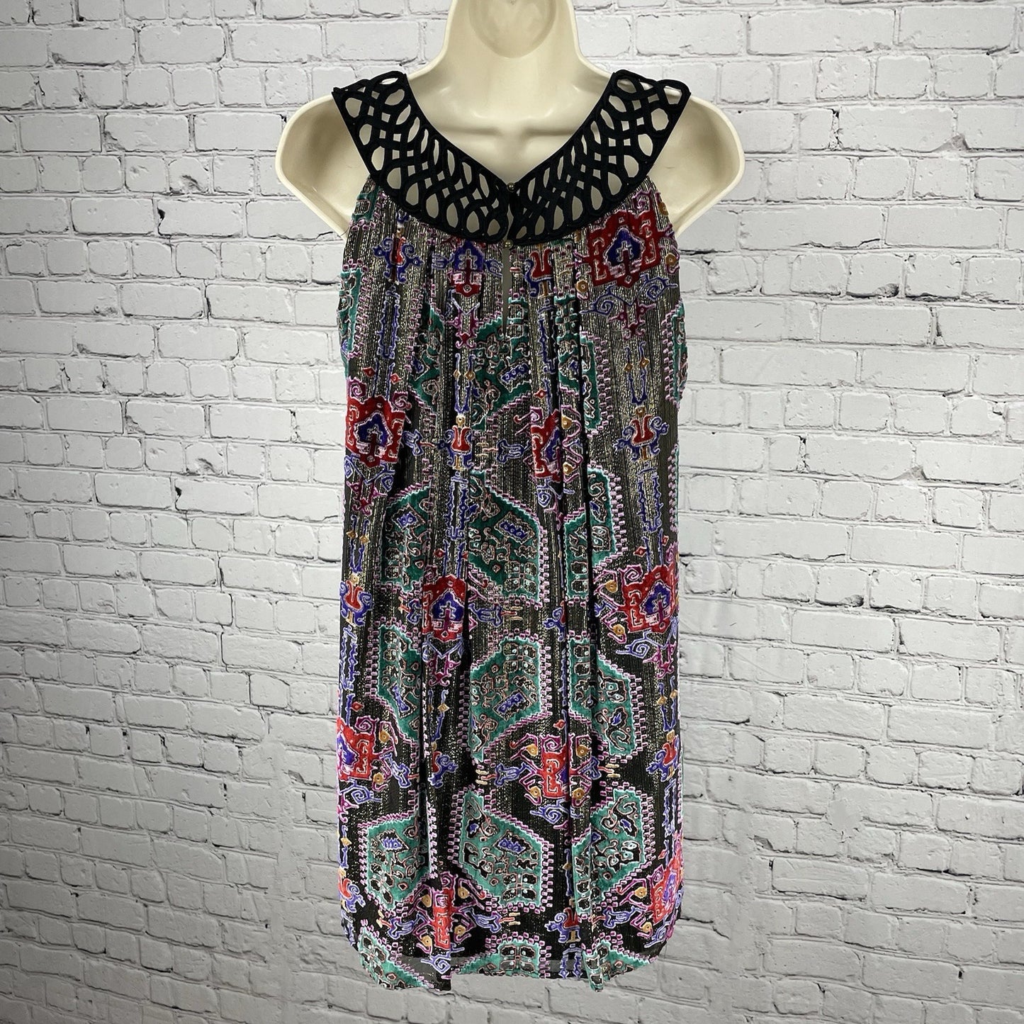 Moulinette Soeurs Gold Velvet Print Pleated Short Lined Dress Size Medium M