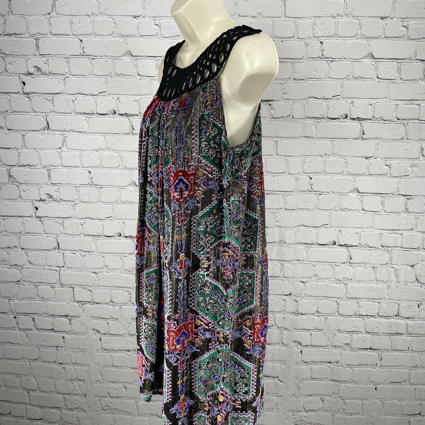Moulinette Soeurs Gold Velvet Print Pleated Short Lined Dress Size Medium M