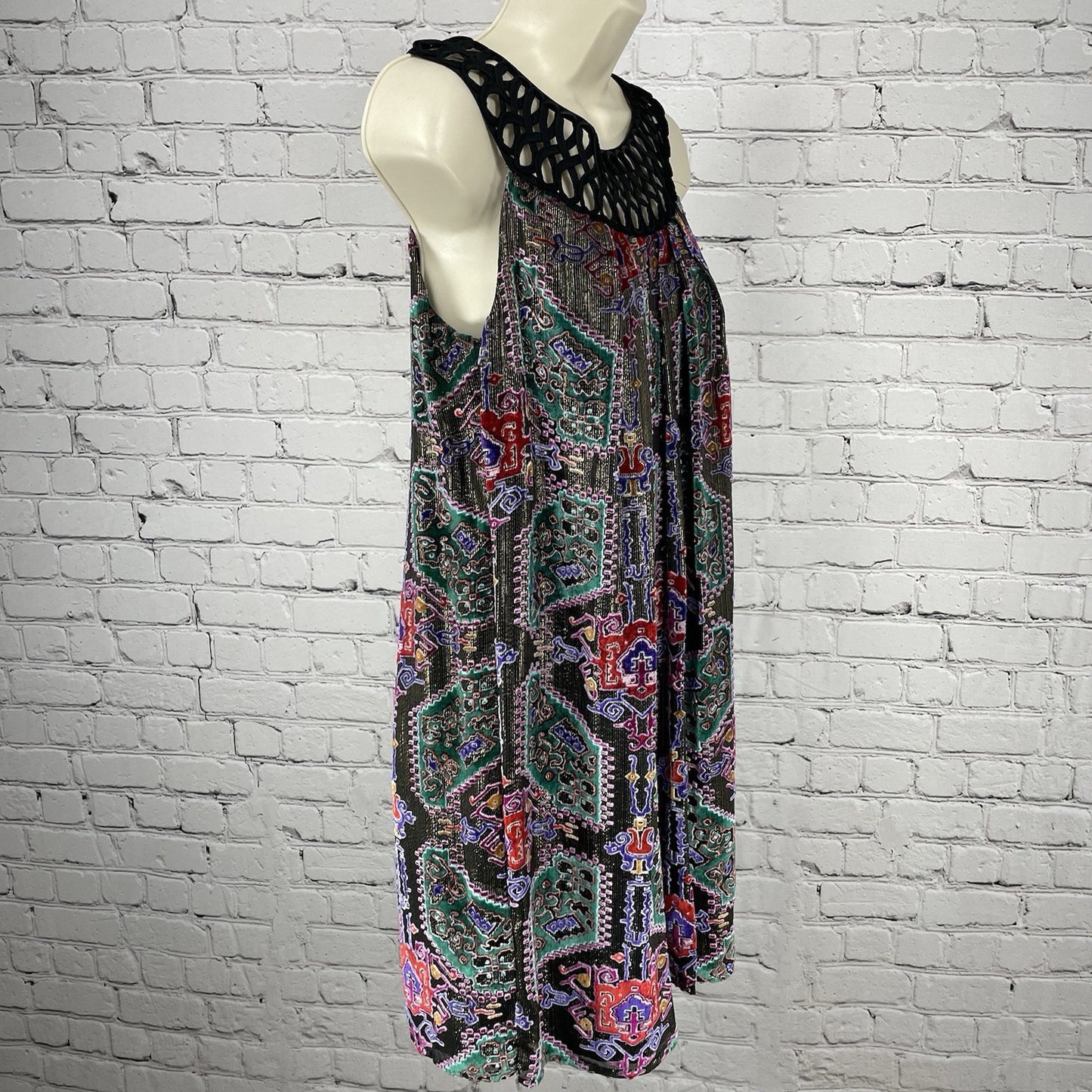Moulinette Soeurs Gold Velvet Print Pleated Short Lined Dress Size Medium M