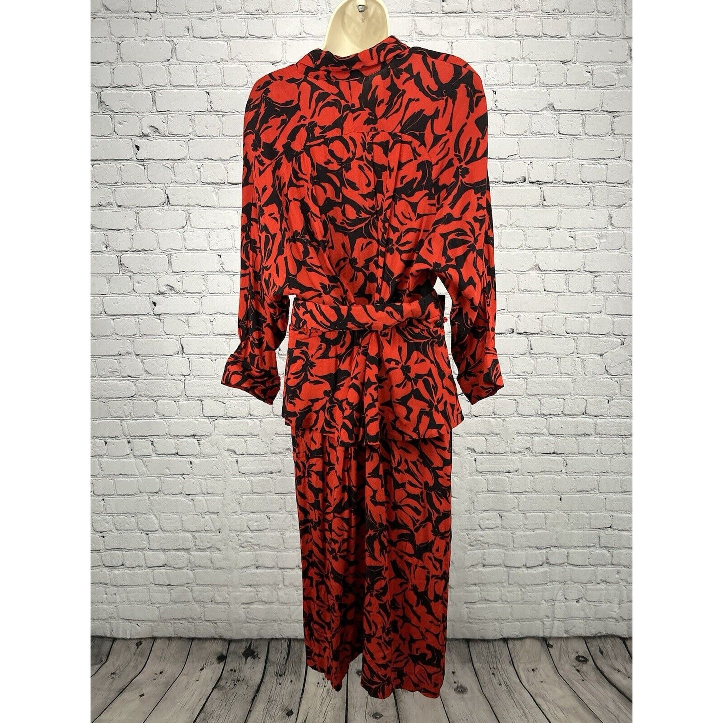VTG Moza USA Red Black V Neck Belted Pegged Long Sleeve Dress 13/14