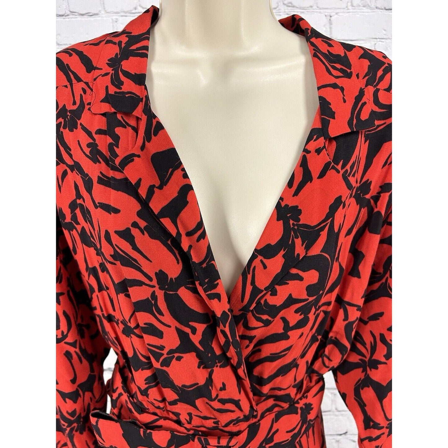 VTG Moza USA Red Black V Neck Belted Pegged Long Sleeve Dress 13/14