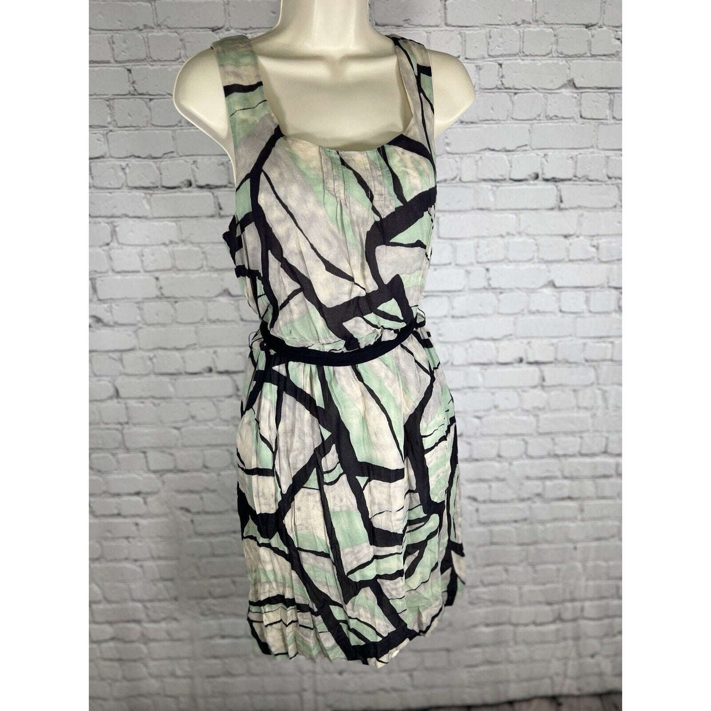 Odille Anthropologie Green Black Short Sleeveless Tied Waist Pockets Dress M