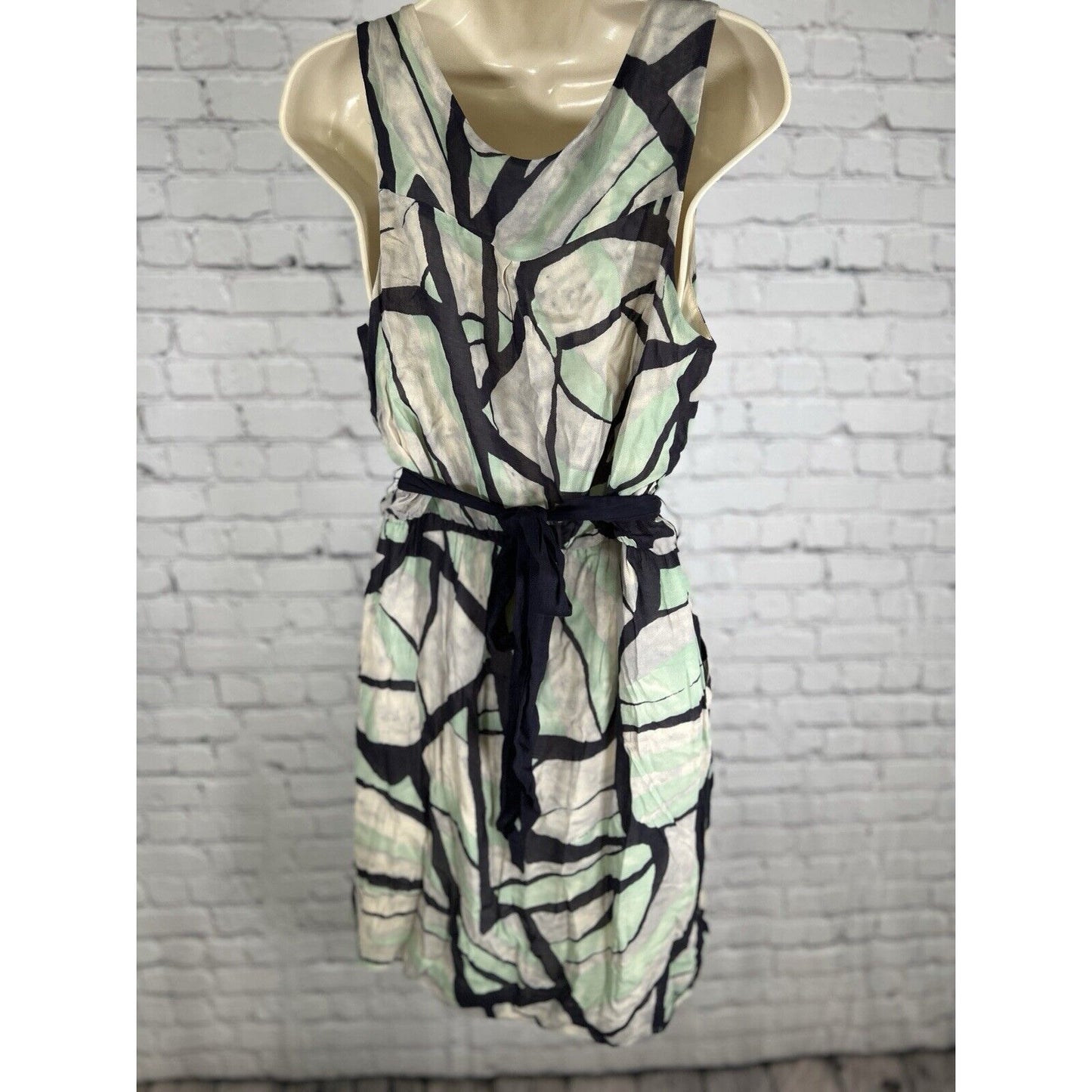Odille Anthropologie Green Black Short Sleeveless Tied Waist Pockets Dress M