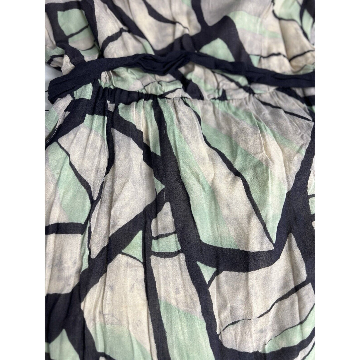 Odille Anthropologie Green Black Short Sleeveless Tied Waist Pockets Dress M