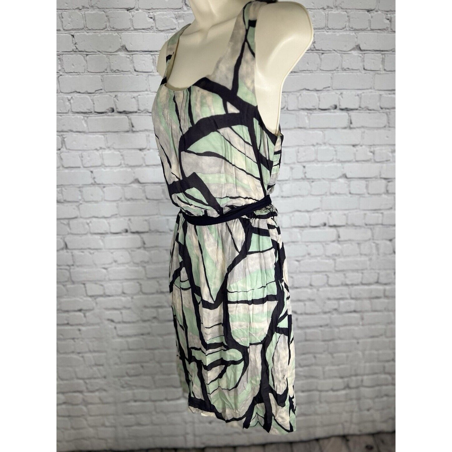 Odille Anthropologie Green Black Short Sleeveless Tied Waist Pockets Dress M