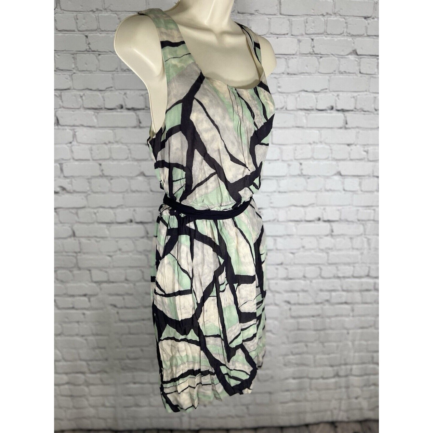 Odille Anthropologie Green Black Short Sleeveless Tied Waist Pockets Dress M