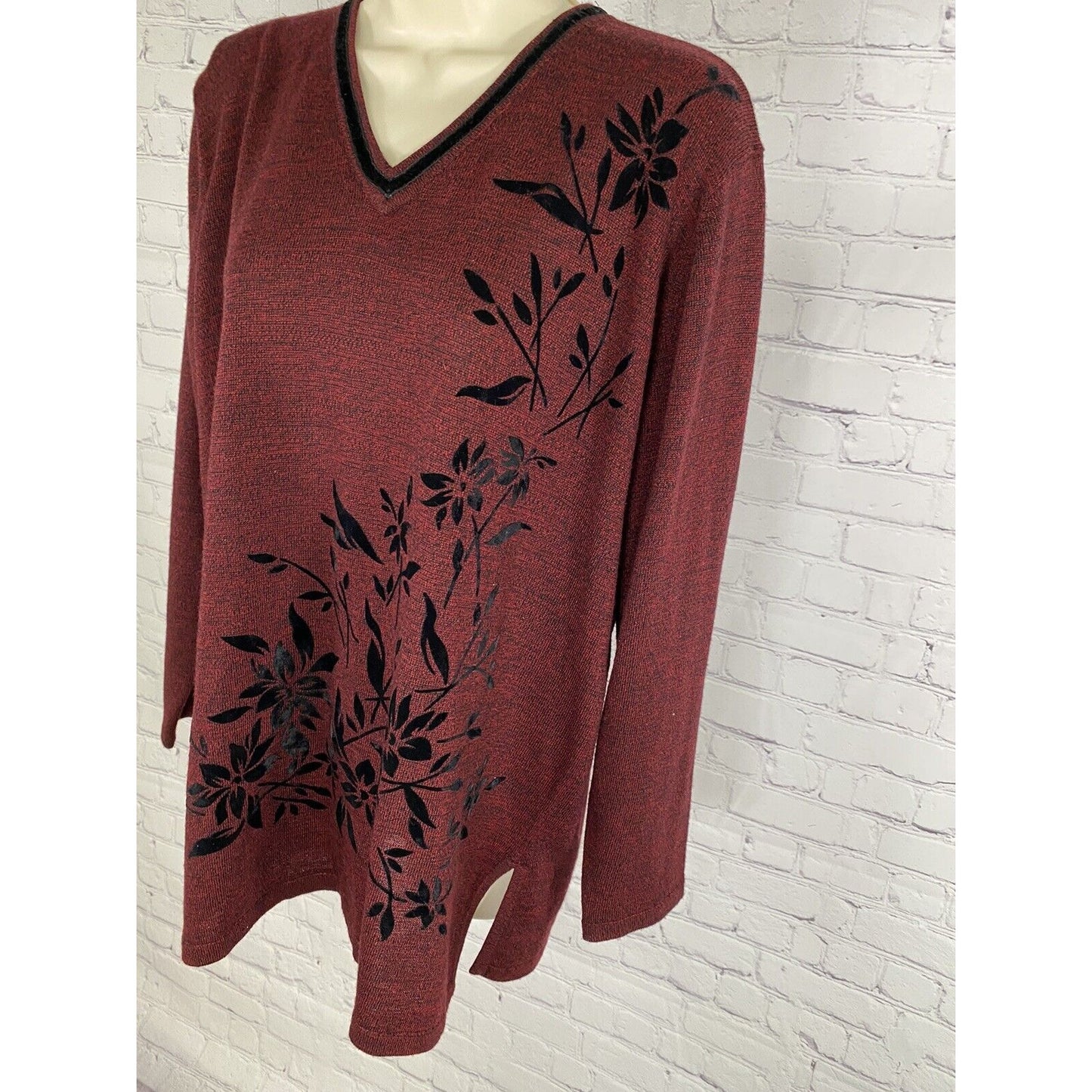 Karen Scott Merino Wool Blend Red Black Velvet Flower Sweater Australia Made L