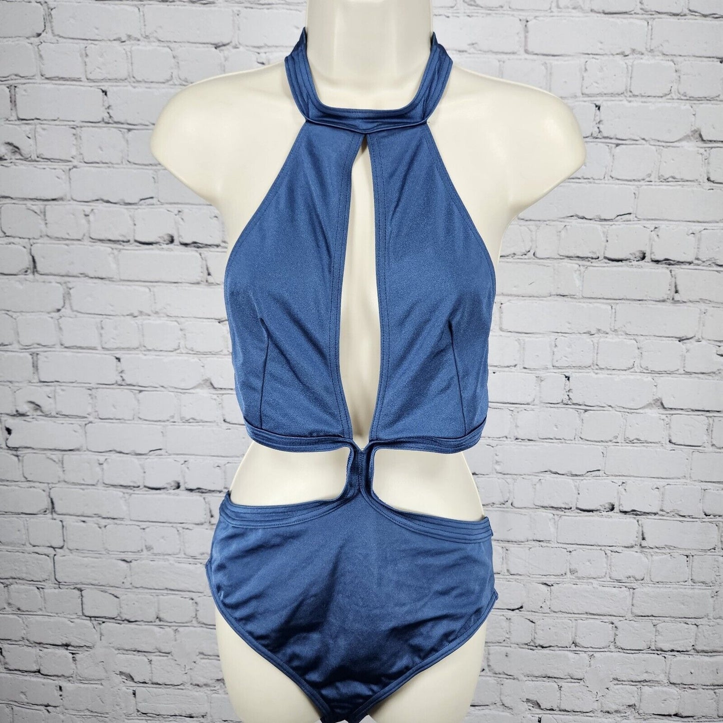 Lost Ink Metalic Blue ASOS 1 Piece Halter Top Cut Out Swim Suit Size US 10