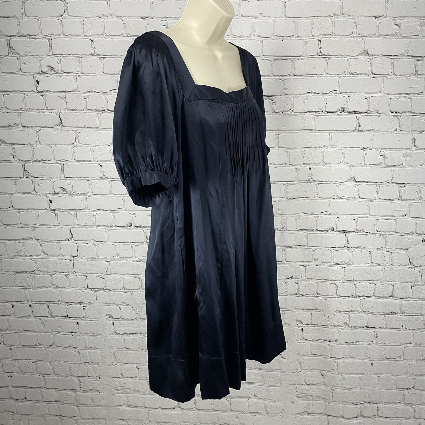 Laundry By Design Dark Blue Silk Pleated Puff Sleeve Lined Pockets Zip Dress 2