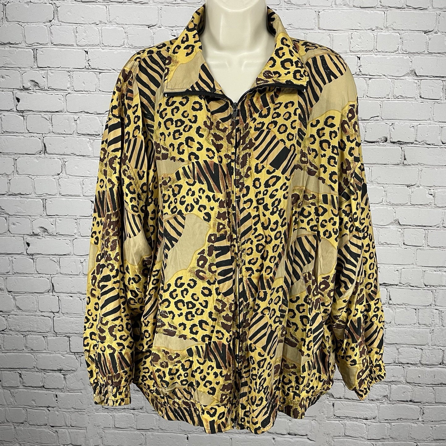 Rhoda Lynne Yellow Silk Animal Print Lightweight Windbreaker Jacket Size 1XL