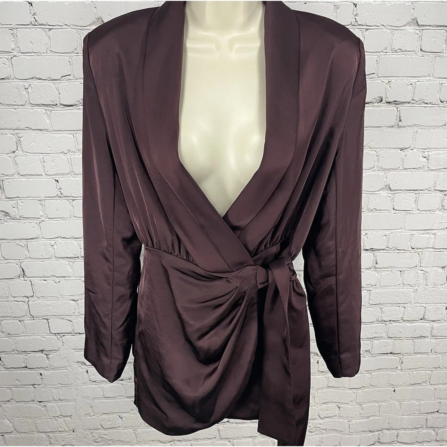 Misha Purple Azera Port Silky Wrap Long Sleeve Shoulder Pads Blouse Top Small S
