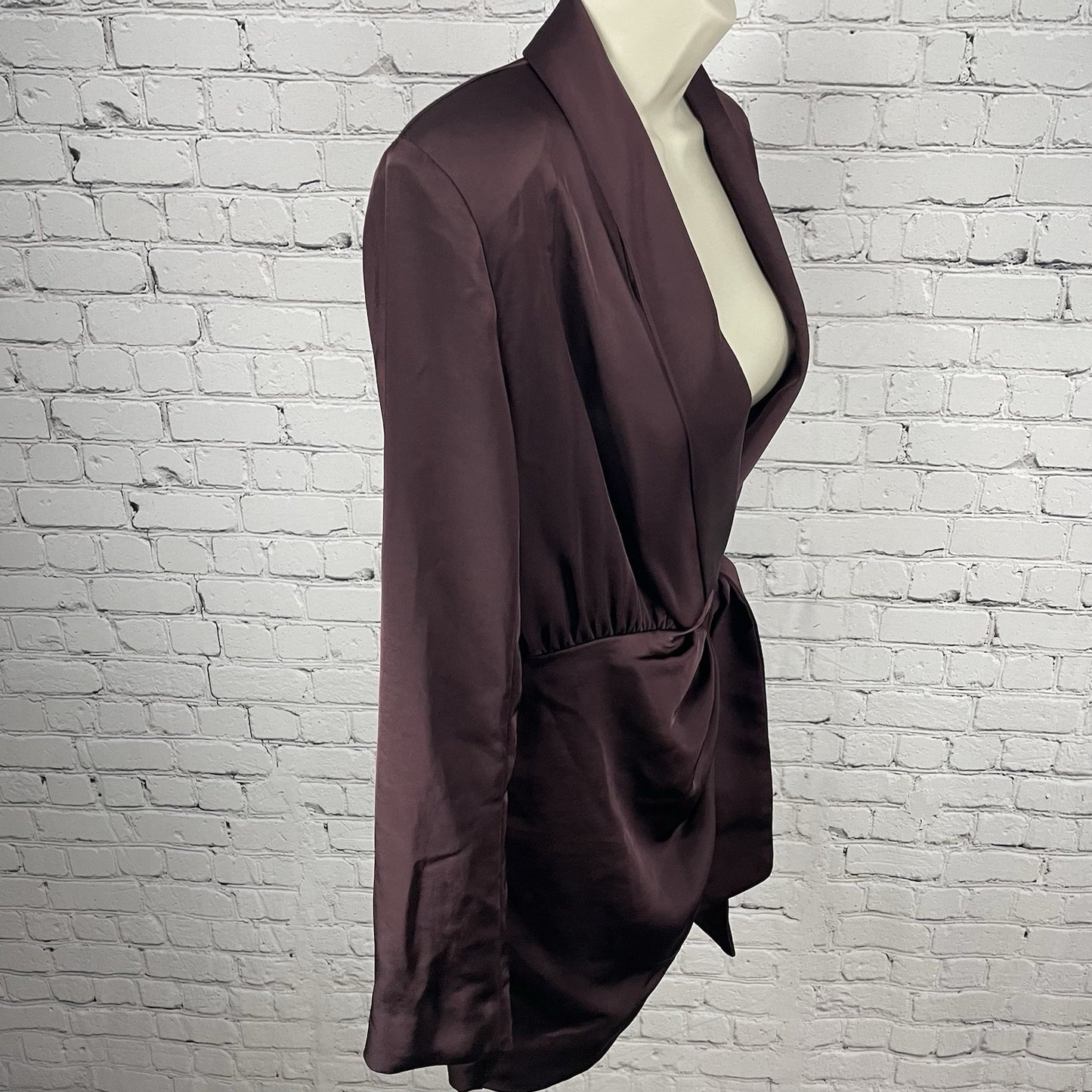 Misha Purple Azera Port Silky Wrap Long Sleeve Shoulder Pads Blouse Top Small S