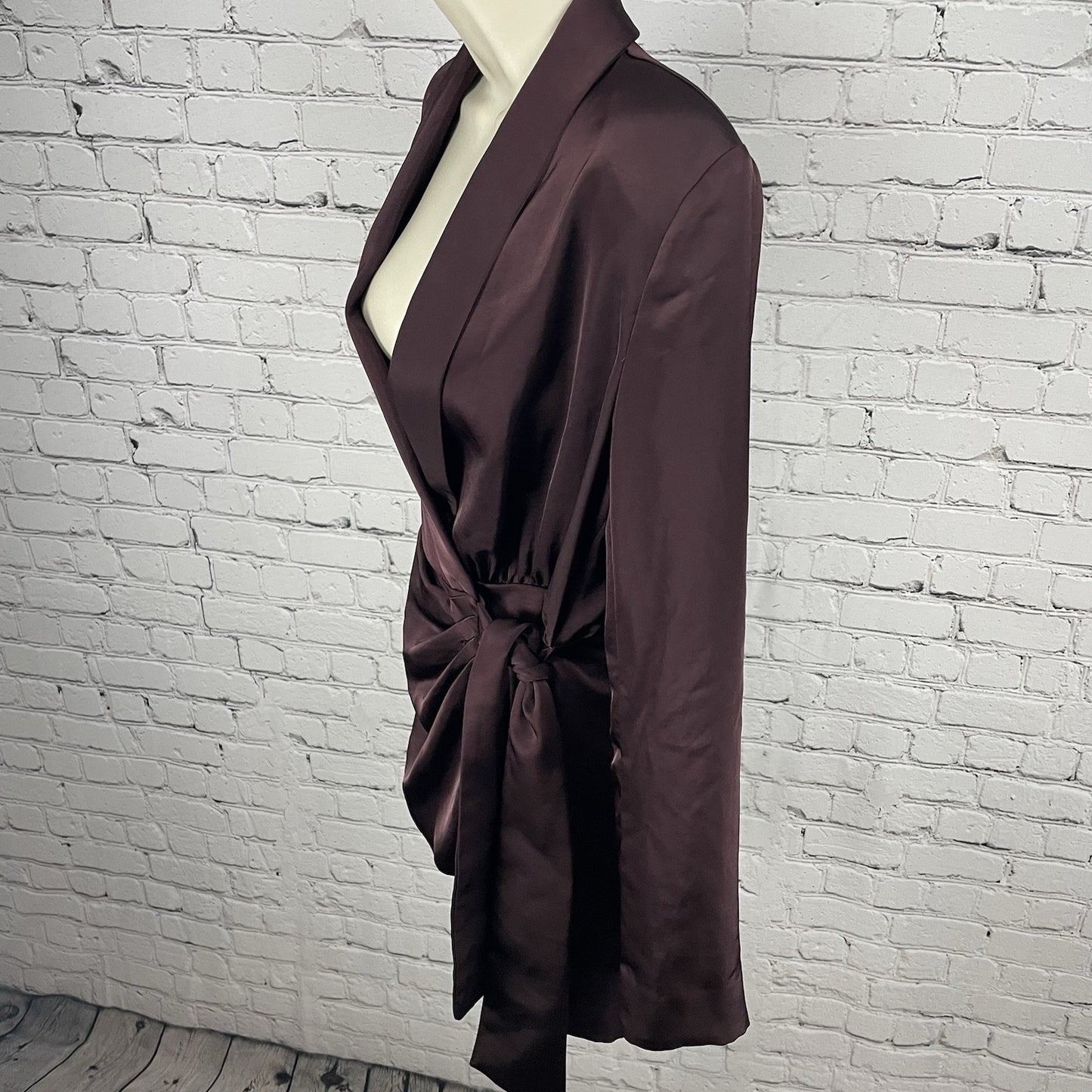 Misha Purple Azera Port Silky Wrap Long Sleeve Shoulder Pads Blouse Top Small S