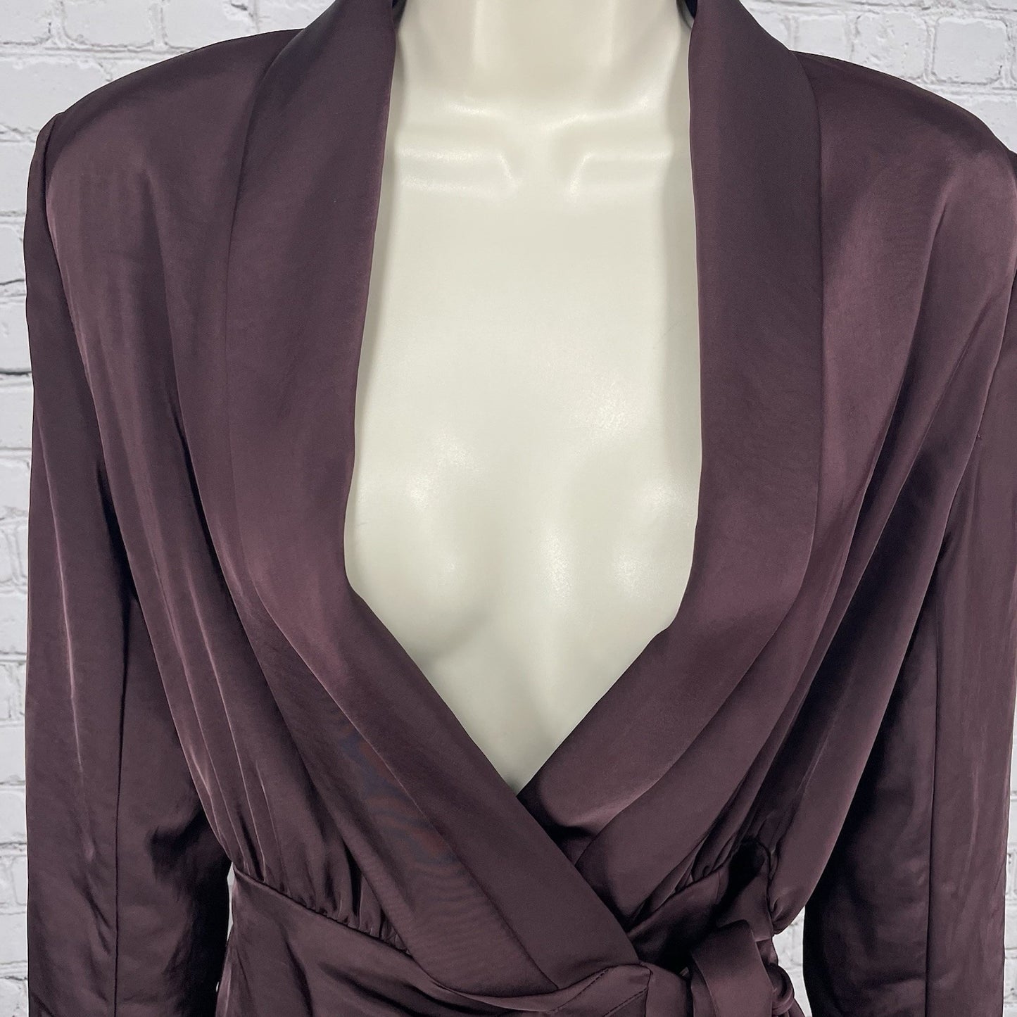 Misha Purple Azera Port Silky Wrap Long Sleeve Shoulder Pads Blouse Top Small S