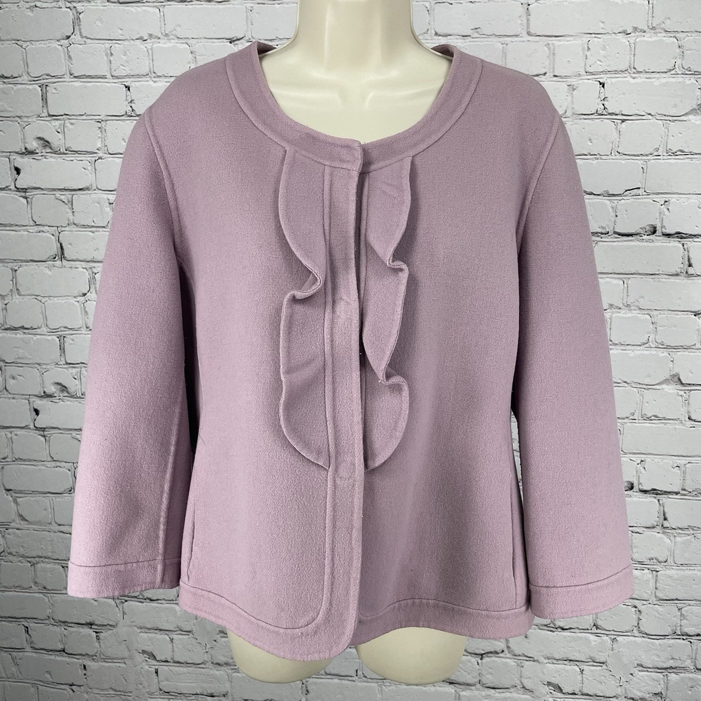 Talbots Purple Wool Blend Snapped Ruffle Closure Jacket Pockets Unlined Size 16