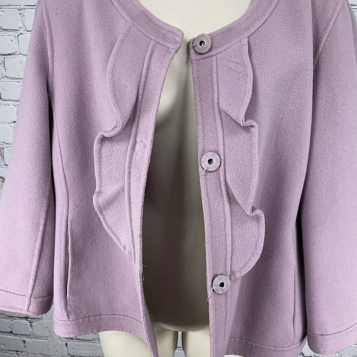 Talbots Purple Wool Blend Snapped Ruffle Closure Jacket Pockets Unlined Size 16