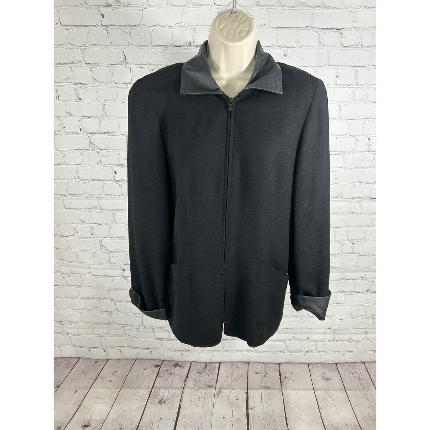 LIMITED Black Wool Shell Genuine Leather Trim Full Zip Collared Womens Jacket 10