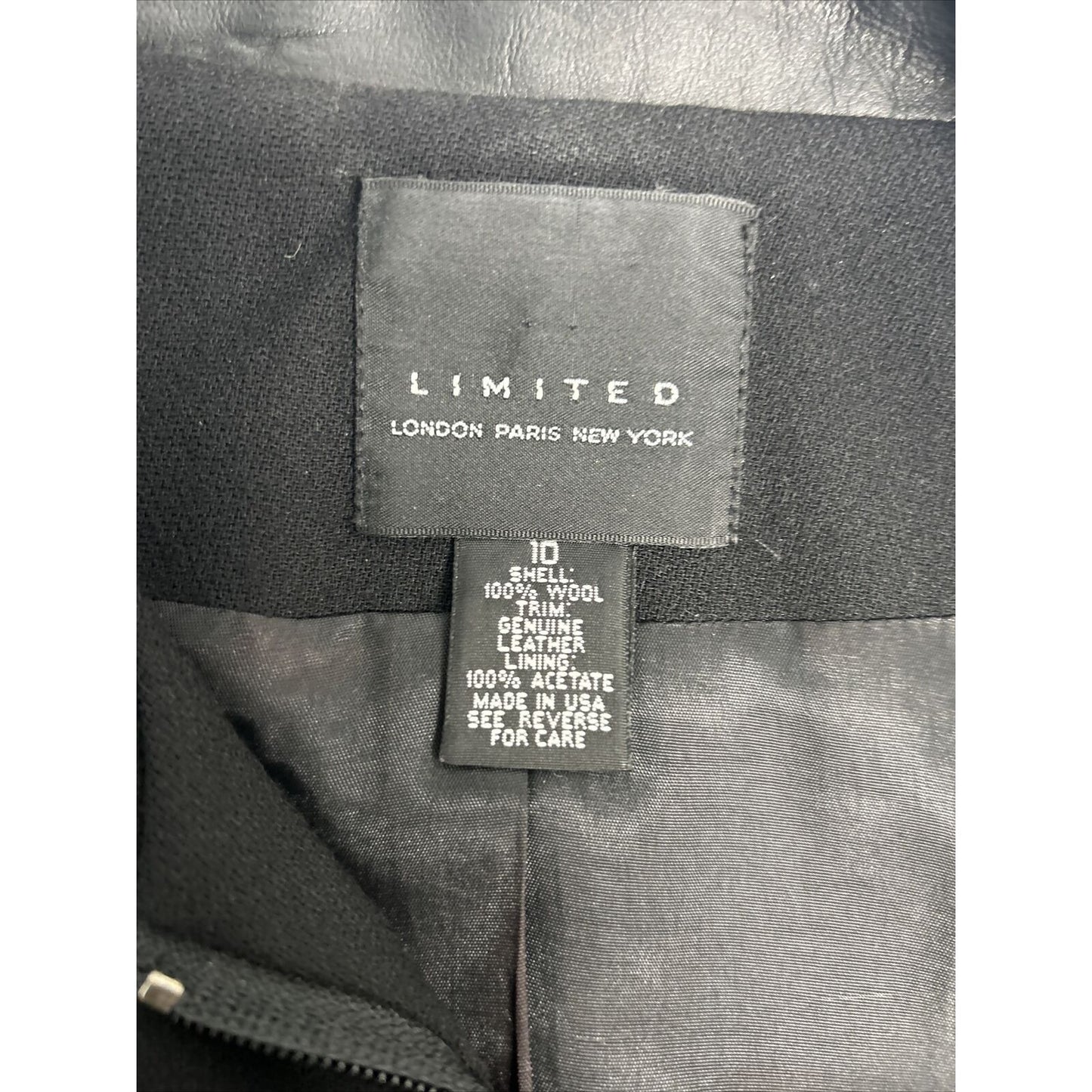 LIMITED Black Wool Shell Genuine Leather Trim Full Zip Collared Womens Jacket 10
