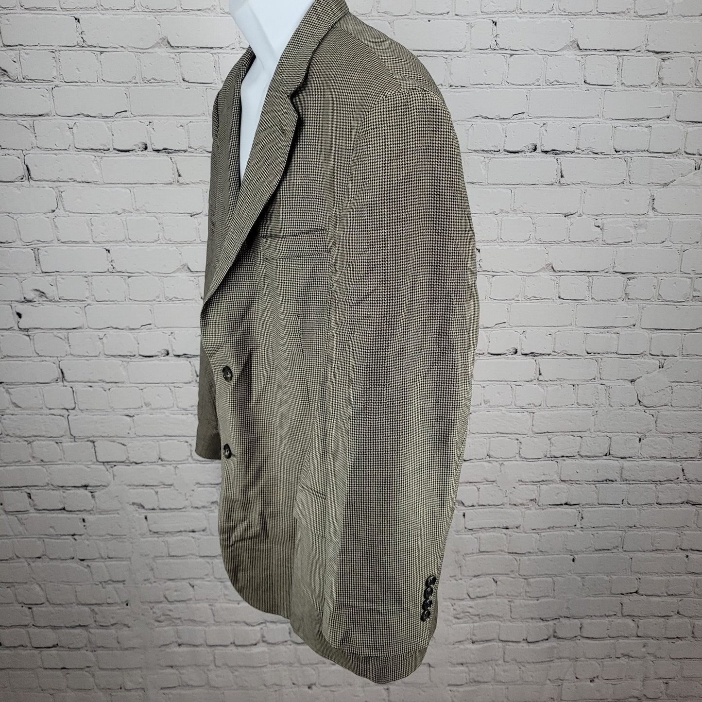 Stafford Black Tan 100% Wool Houndstooth 2 Button Blazer Sport Coat Size 46R