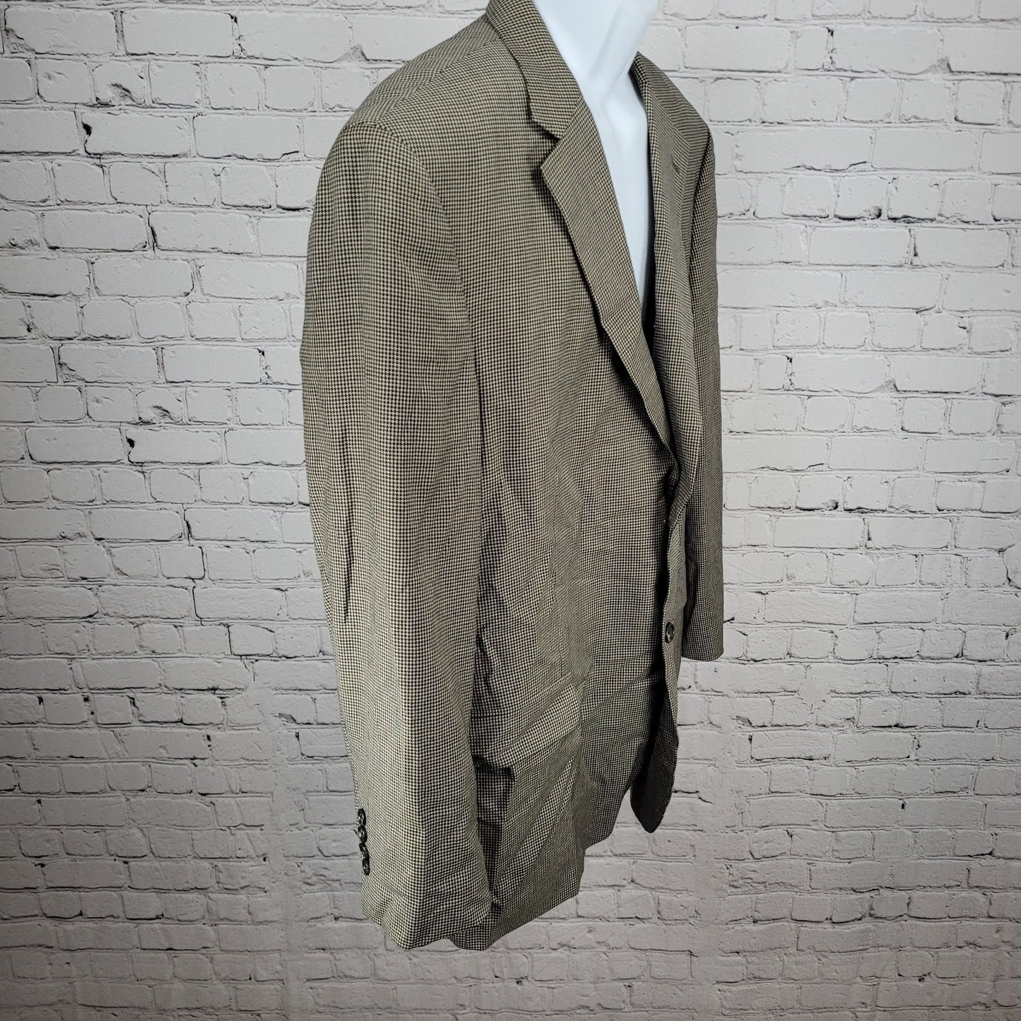 Stafford Black Tan 100% Wool Houndstooth 2 Button Blazer Sport Coat Size 46R