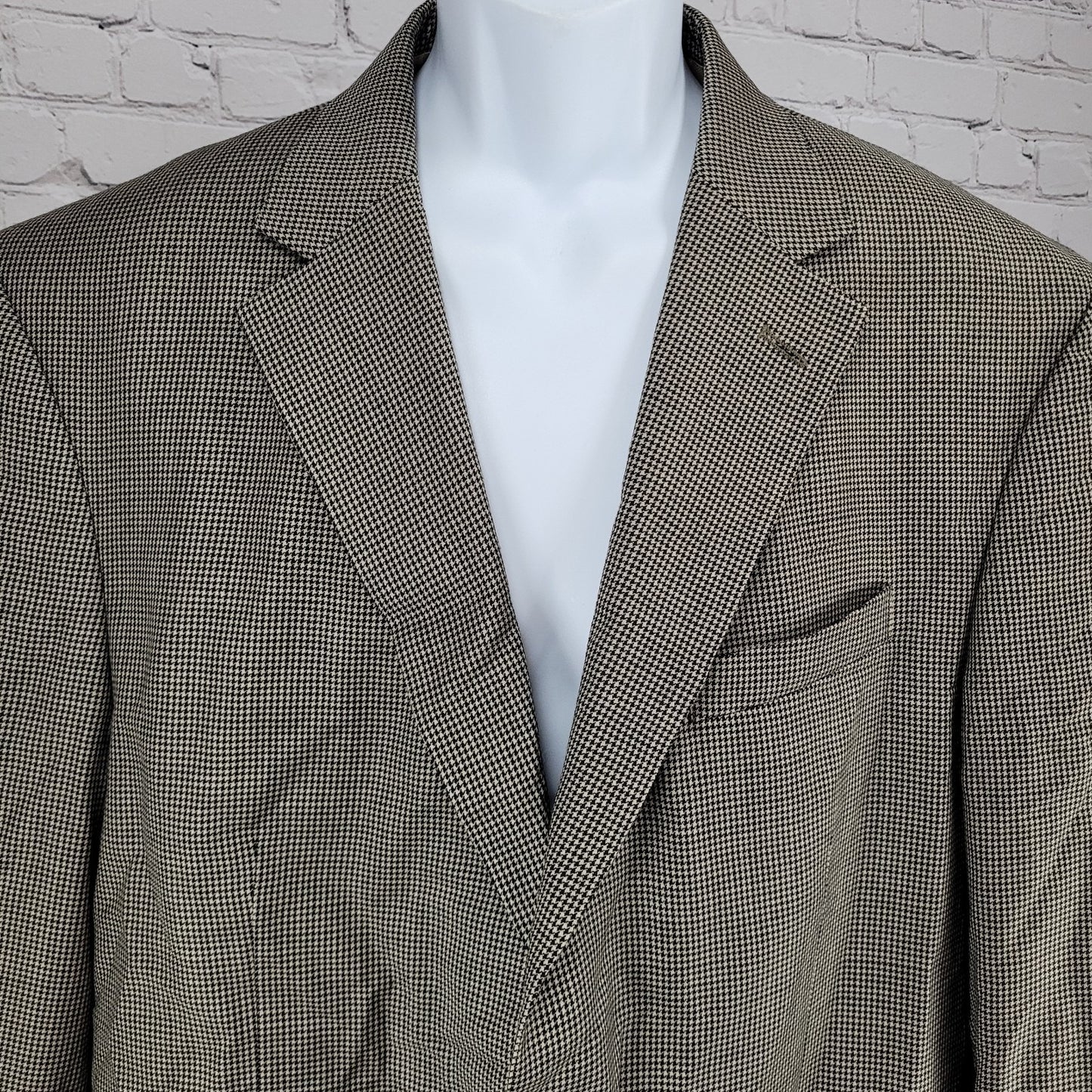 Stafford Black Tan 100% Wool Houndstooth 2 Button Blazer Sport Coat Size 46R