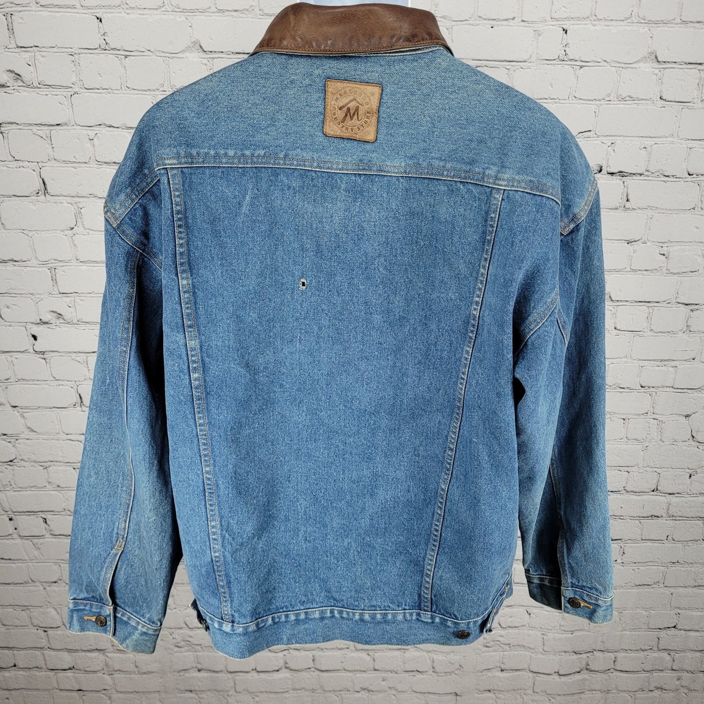 VTG Marlboro Country Store Blue Denim Leather Collar Button Jean Jacket Size XL