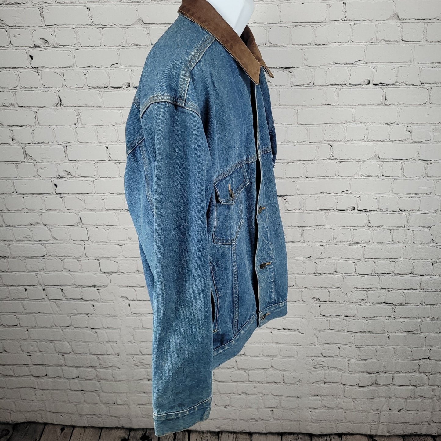 VTG Marlboro Country Store Blue Denim Leather Collar Button Jean Jacket Size XL