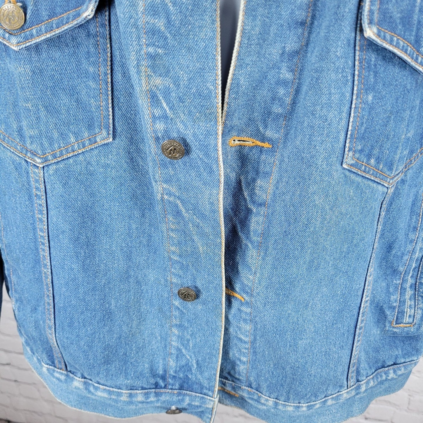 VTG Marlboro Country Store Blue Denim Leather Collar Button Jean Jacket Size XL