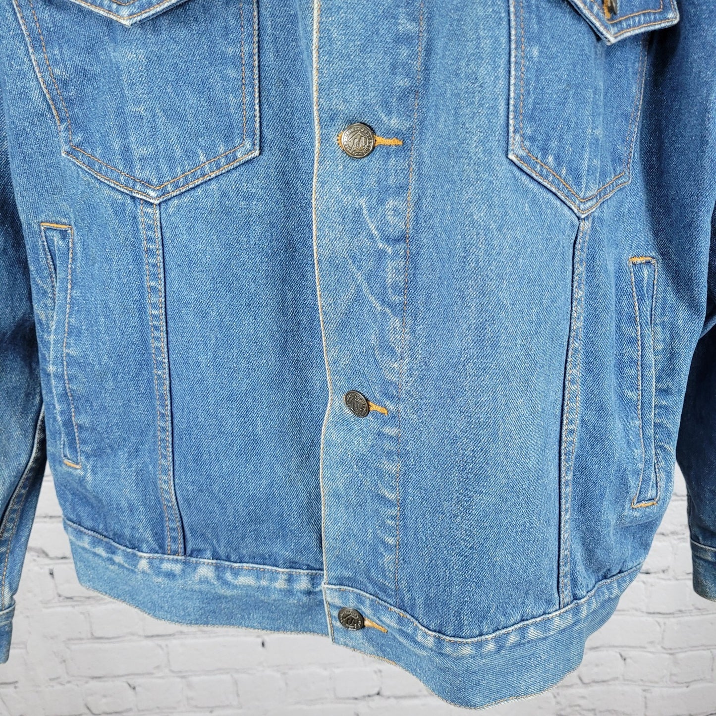 VTG Marlboro Country Store Blue Denim Leather Collar Button Jean Jacket Size XL