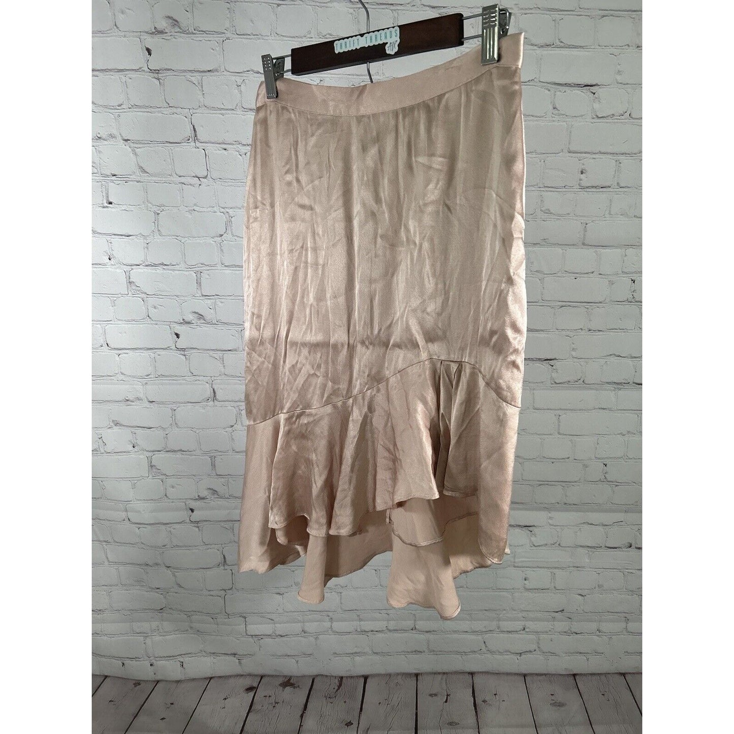 Leith Satin Asymmetrical Blush Pink Ruffle Hem Back Zip Lined Skirt Women’s M