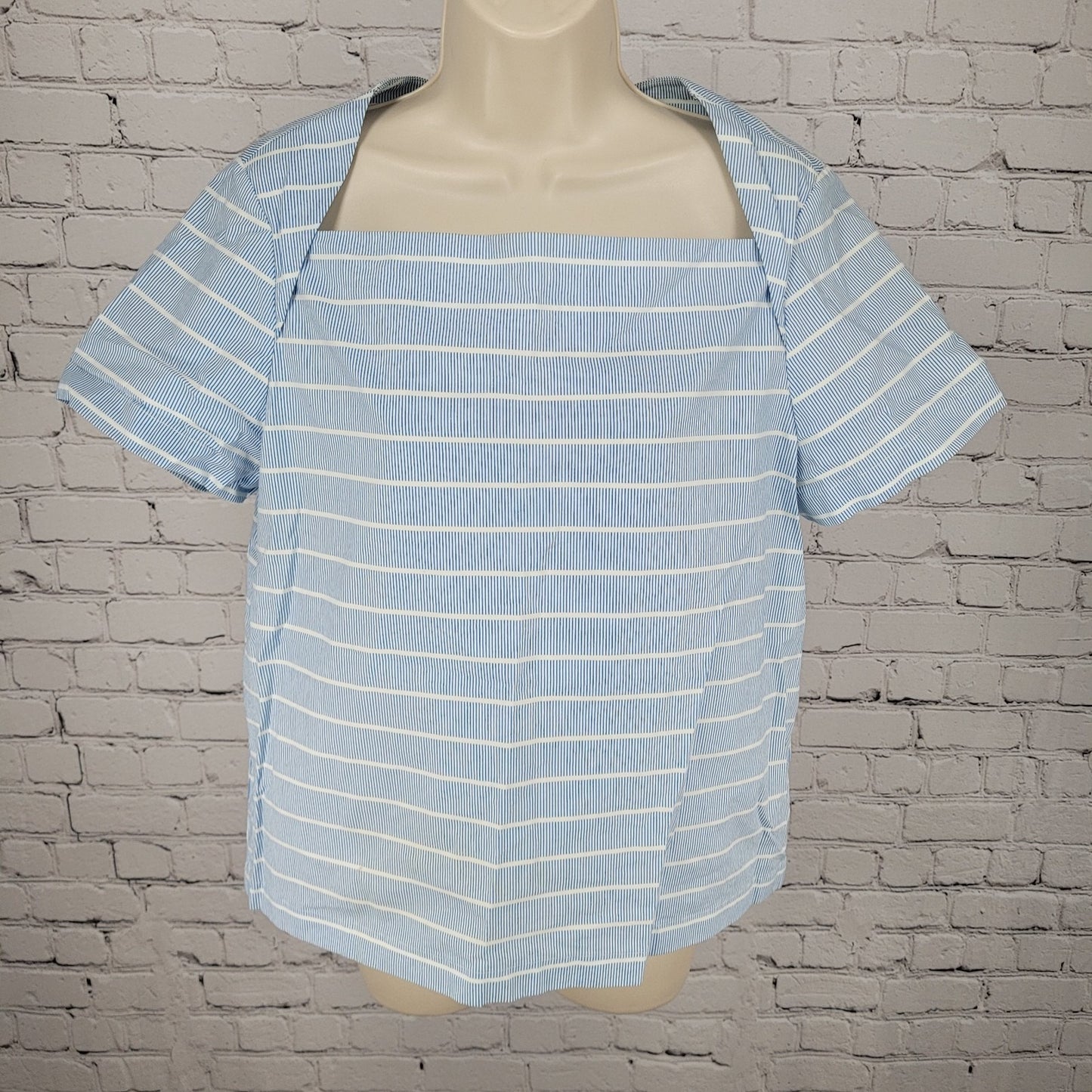 Kate Spade Saturday Blue Cotton Stretch Striped Short Sleeve Top Size Large L