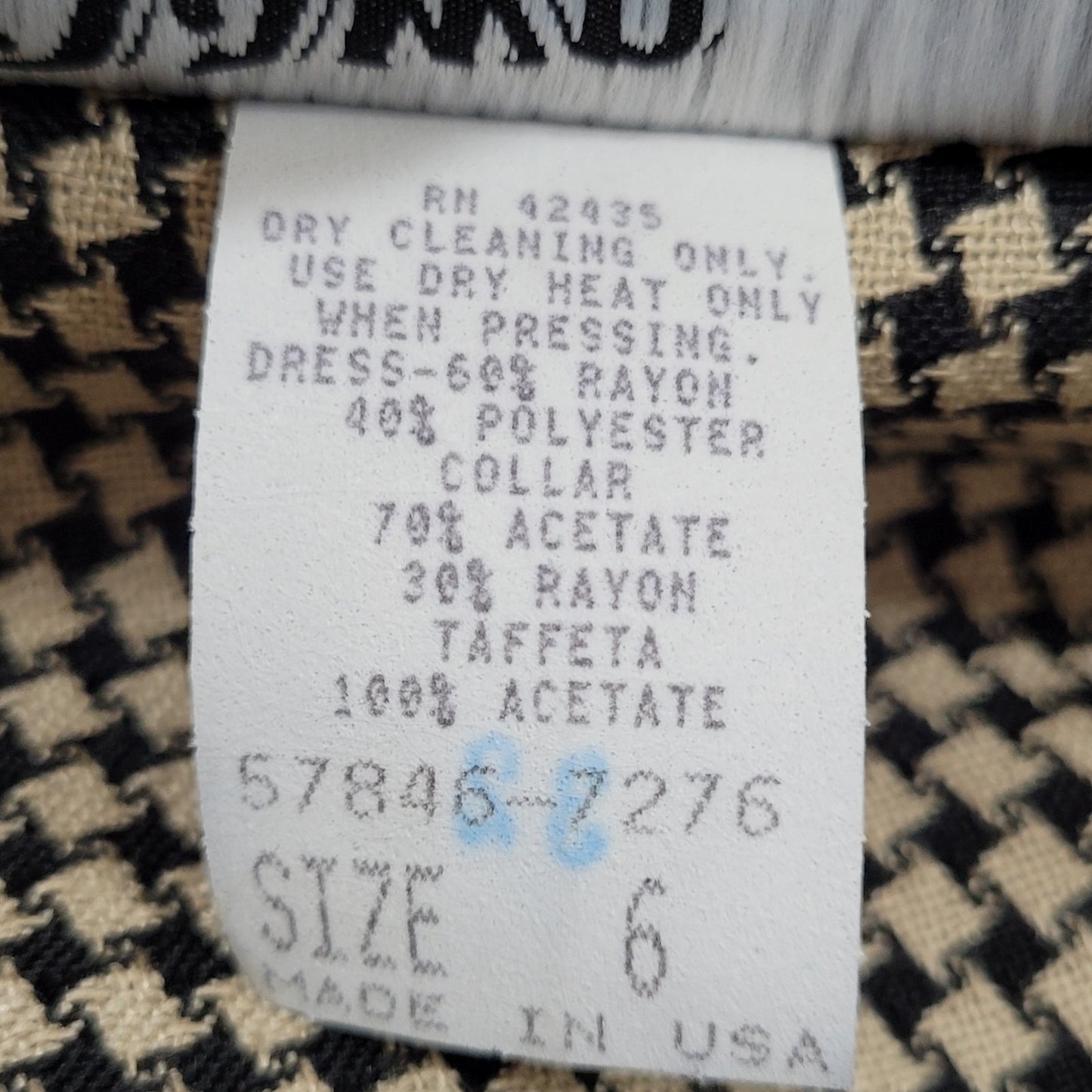 VTG Dawn Joy Fashions Black Beige Velvet Collar Back Tie Dress USA Made Size 6