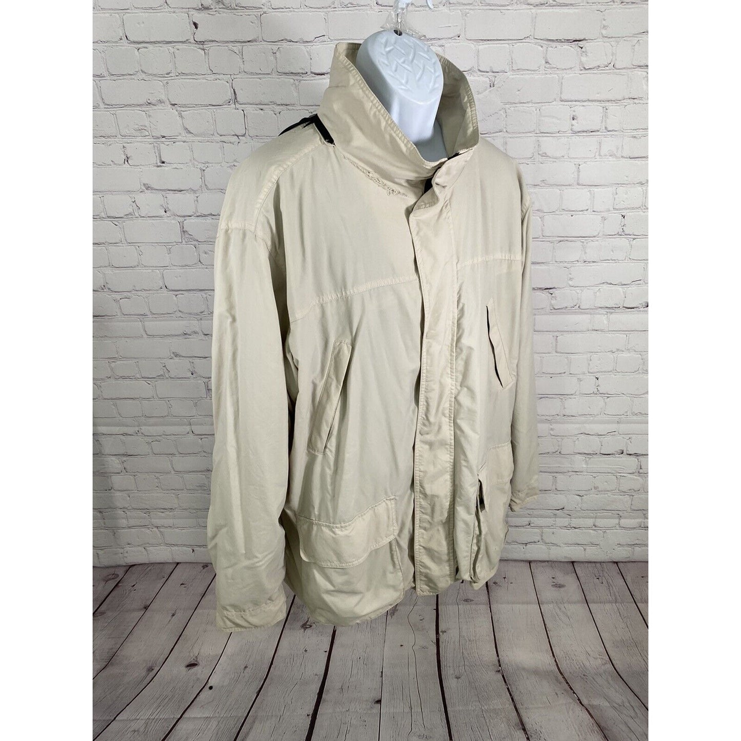 Eddie Bauer Weatheredge Beige Full Zip Zip Off Hood Rain Coat Jacket Men’s XL