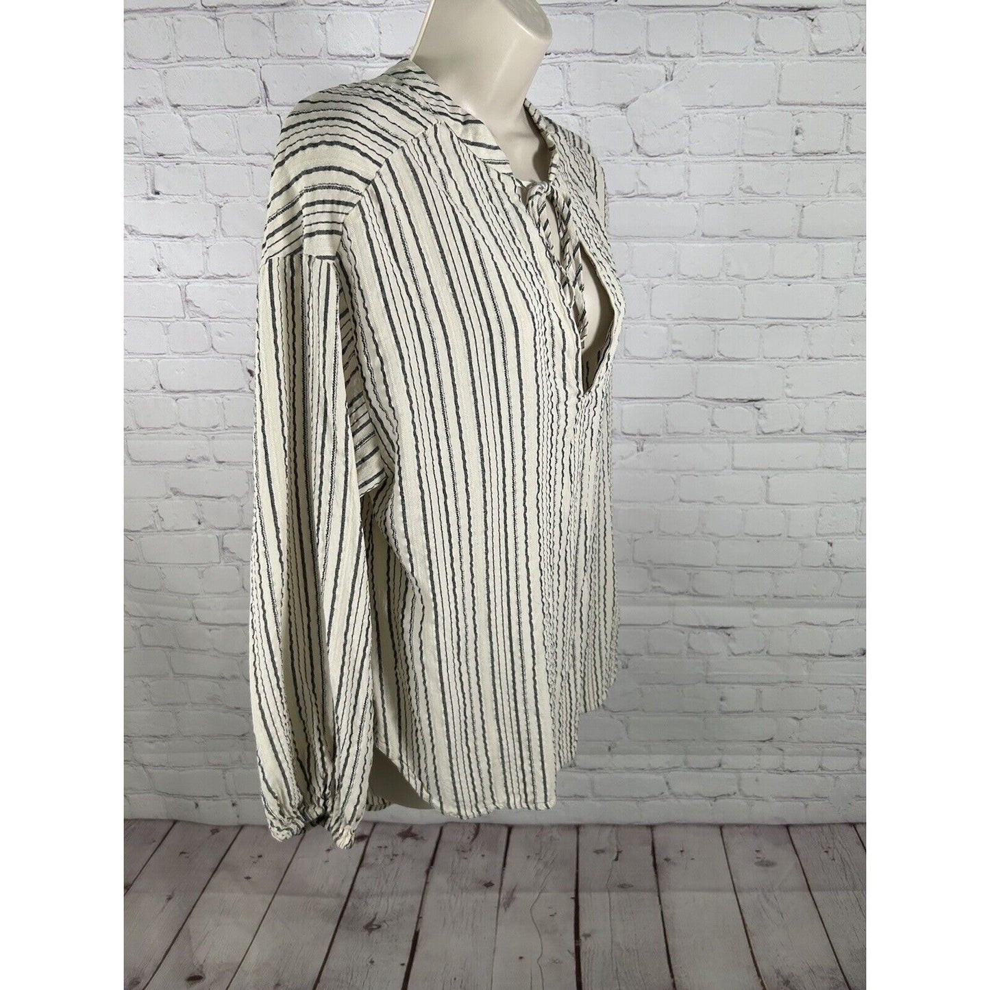Free People Oversized Cream Gray Stripe Keyhole Neck Boho Bishop Sleeve Top XS
