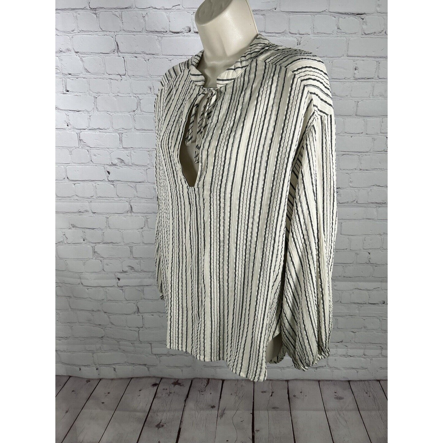 Free People Oversized Cream Gray Stripe Keyhole Neck Boho Bishop Sleeve Top XS