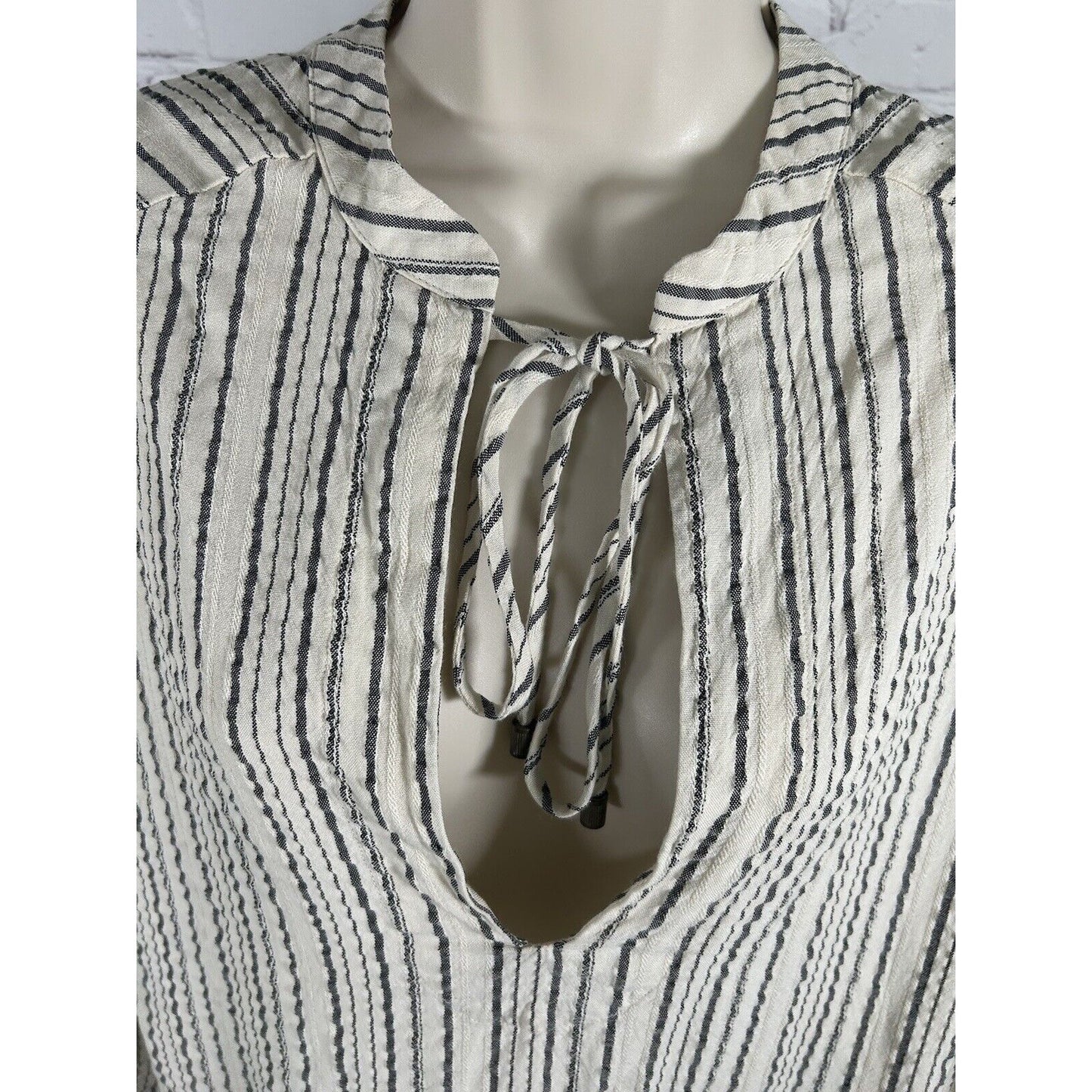 Free People Oversized Cream Gray Stripe Keyhole Neck Boho Bishop Sleeve Top XS