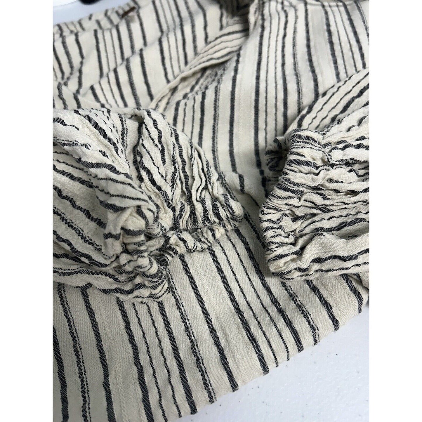 Free People Oversized Cream Gray Stripe Keyhole Neck Boho Bishop Sleeve Top XS