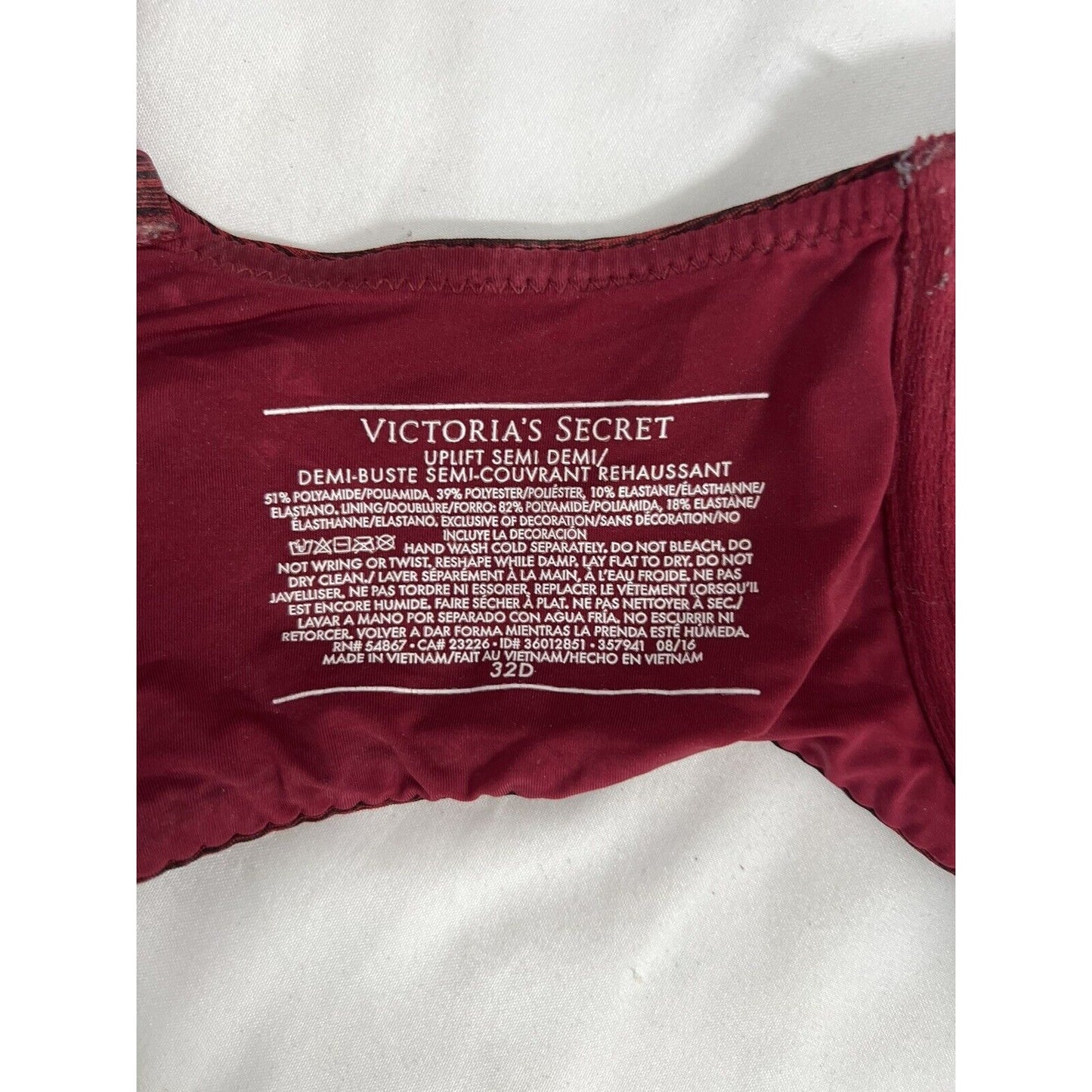 Victoria's Secret Uplift Semi Demi Bra Underwire Red Black Lightly Lined 32D