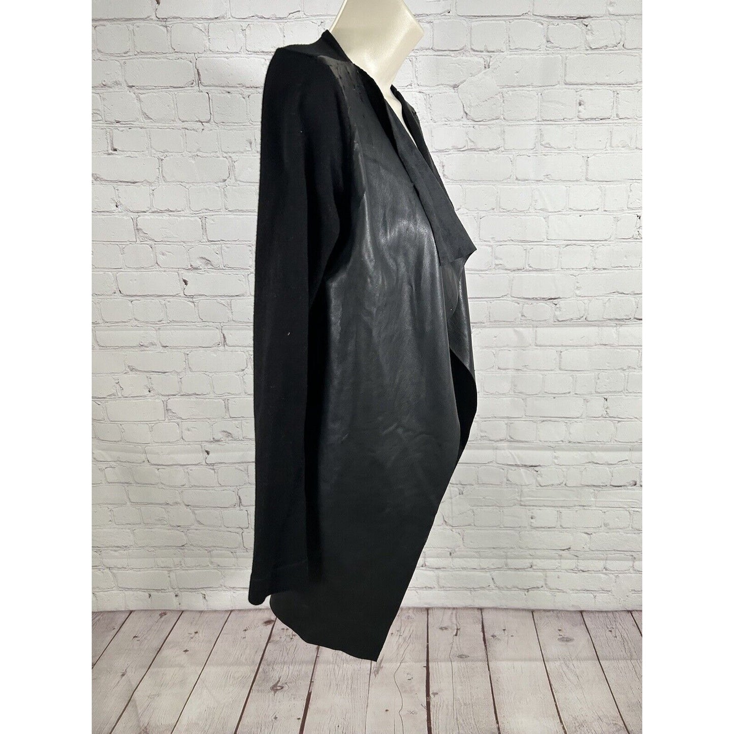 Zara Knit Black Vegan Leather Open Front Waterfall Cardigan Sweater Jacket S